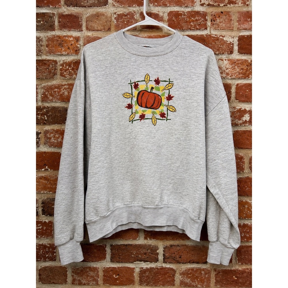 Vintage Pumpkin Embroidered Pull Over Sweatshirt L Fall Autumn Cottagecore